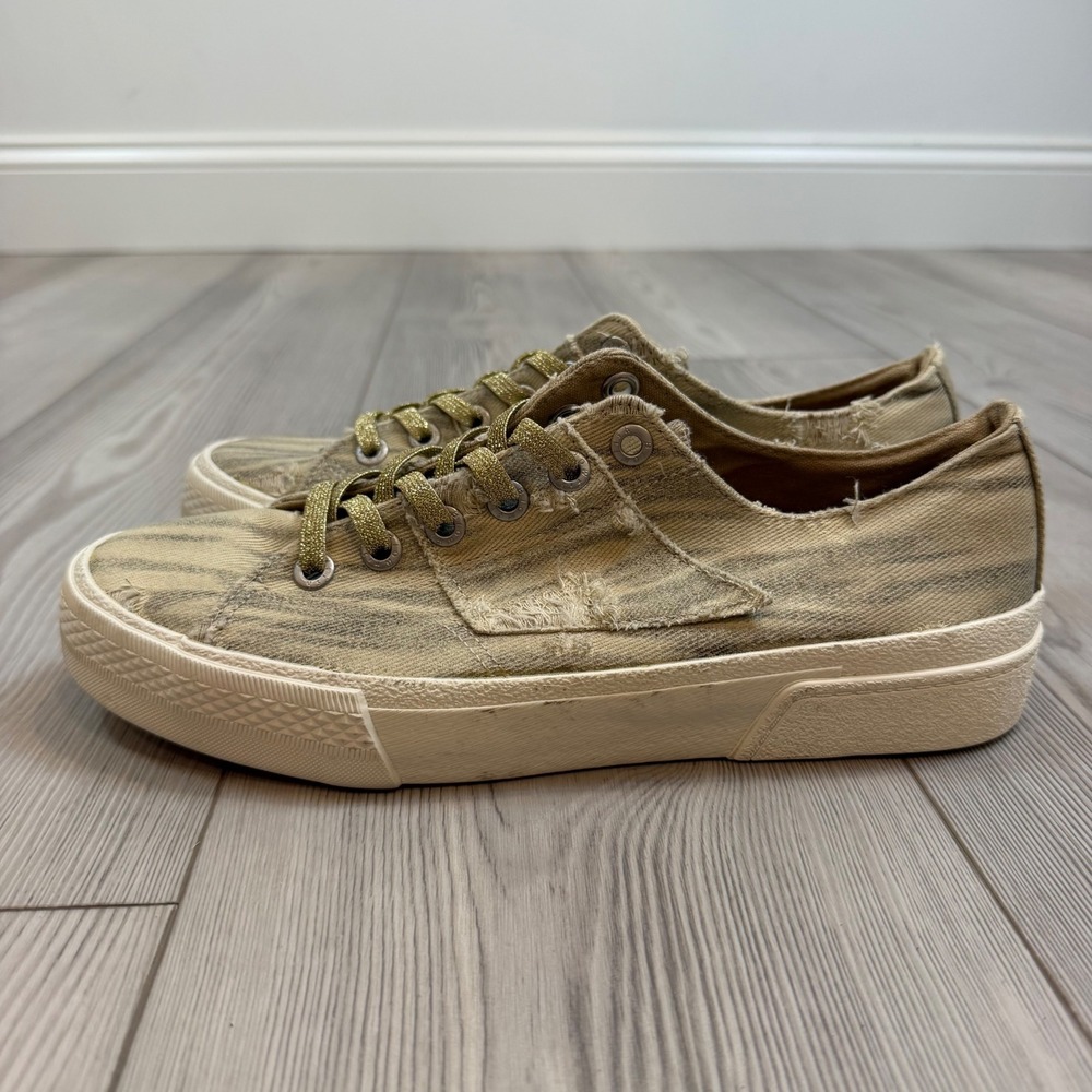 Blowfish Walk On Tiger Stripe Distressed Canvas Sneakers Gold Laces Womens 11M